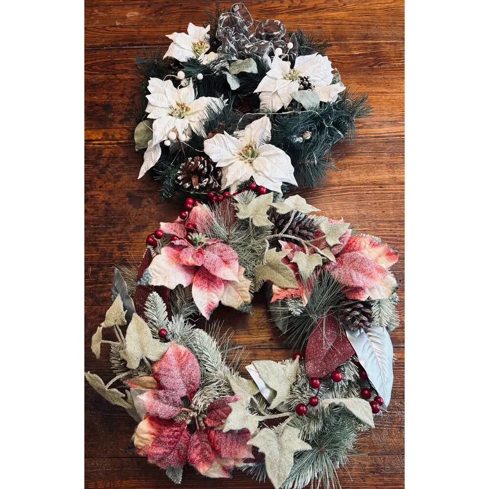 Set of 2 Handmade 19” Poinsettia Winter Wreaths with Greenery Wire Backs